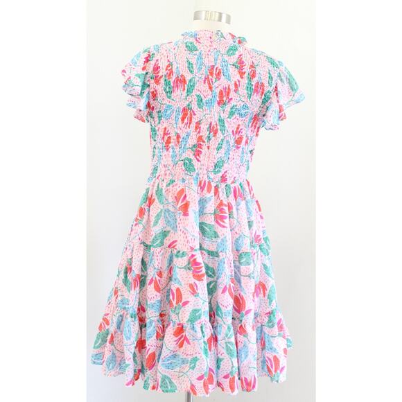 J Marie Pink Confetti Floral Smocked A Line Tiered Dress Size L Ruffle Fit Flare - Picture 7 of 8